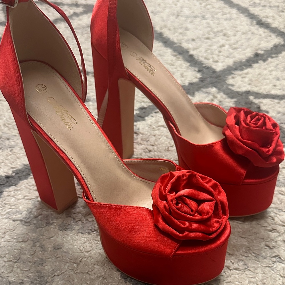 Elegant Red Platform Heels with Floral Accent